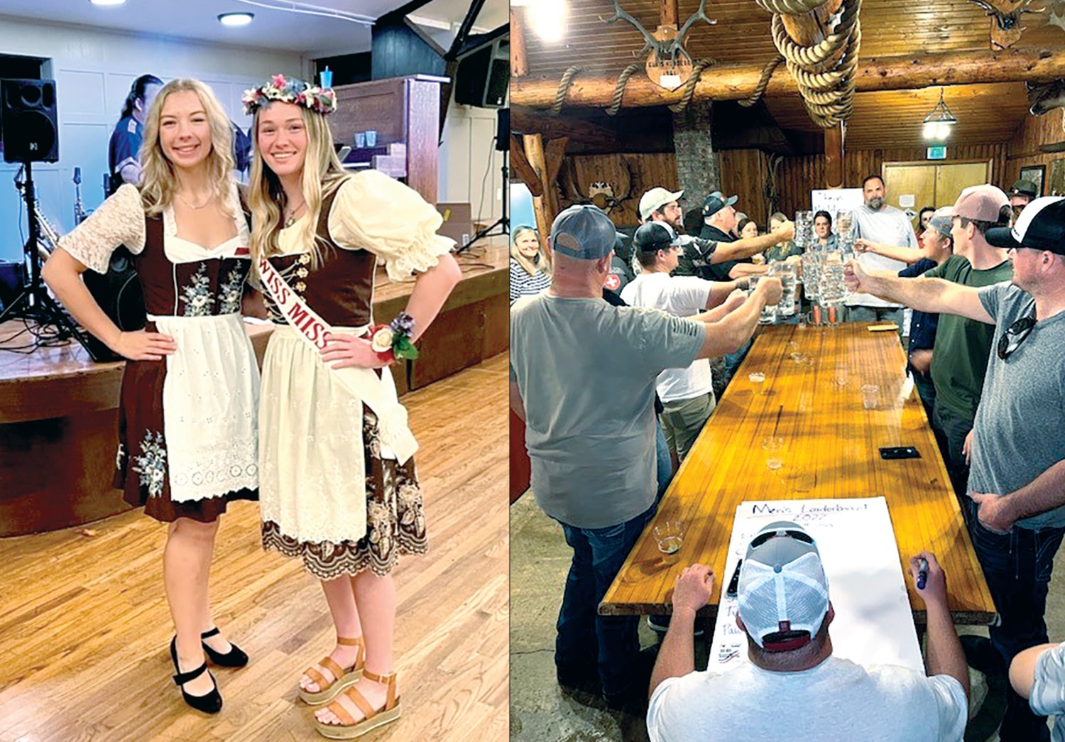 (Left): 2021 Swiss Miss Alli Engel, left, and the new Swiss Miss Grace Huber are pictured at Oktoberfest Oct. 1. (Right): Steinholding competitors hold steins during the competition at Oktoberfest in Frances on Oct. 1